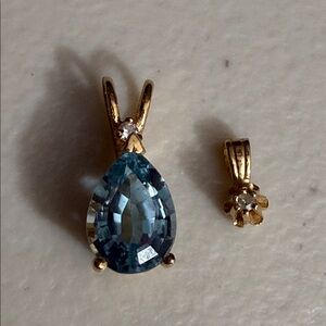 14K SOLID YELLOW Gold and Blue TOPAZ Diamond Pendant Set of two pendants